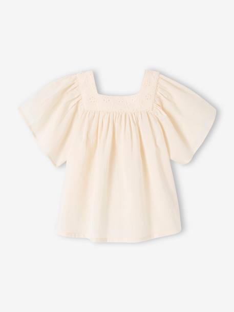 Blouse with Square Neckline, in Broderie Anglaise, for Babies ecru+raspberry pink+sage green 