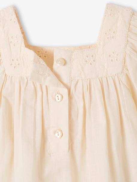 Blouse with Square Neckline, in Broderie Anglaise, for Babies ecru+sage green 