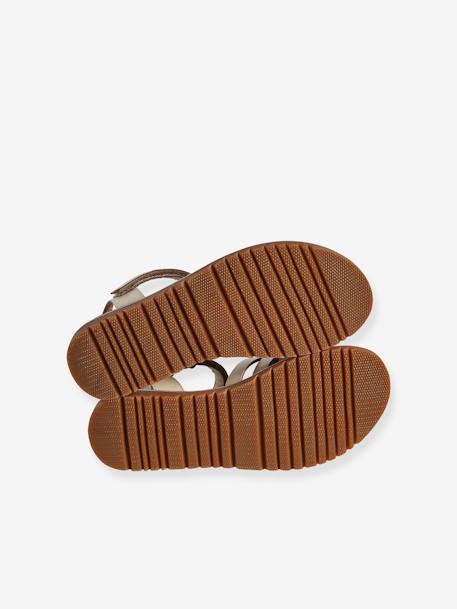 Leather Sandals with Hook-&-Loop Straps for Children ecru+gold 