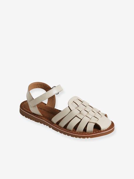 Leather Sandals with Hook-&-Loop Straps for Children ecru+gold 