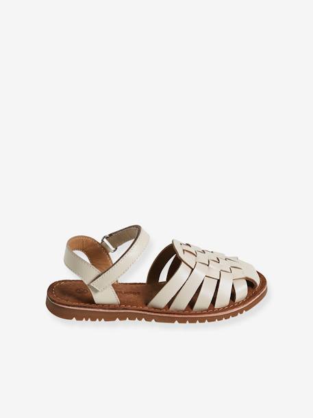 Leather Sandals with Hook-&-Loop Straps for Children ecru+gold 
