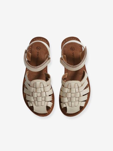 Leather Sandals with Hook-&-Loop Straps for Children ecru+gold 