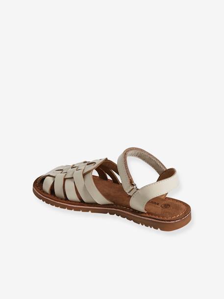 Leather Sandals with Hook-&-Loop Straps for Children ecru+gold 