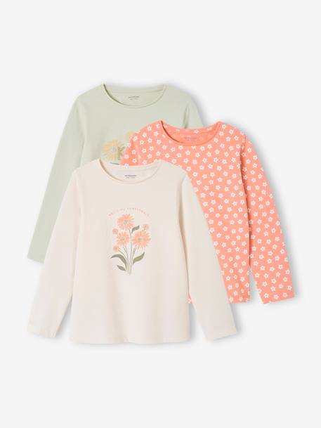Pack of 3 Long Sleeve Tops for Girls almond green+grey blue+navy blue+WHITE DARK TWO COLOR/MULTICOL 