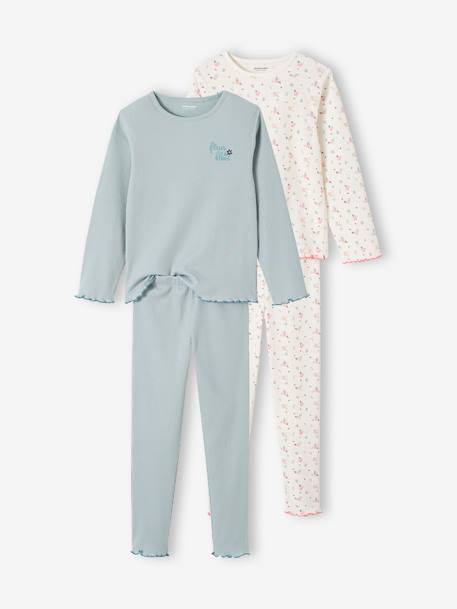 Pack of 2 Rib Knit Pyjamas with Flowers for Girls grey blue 