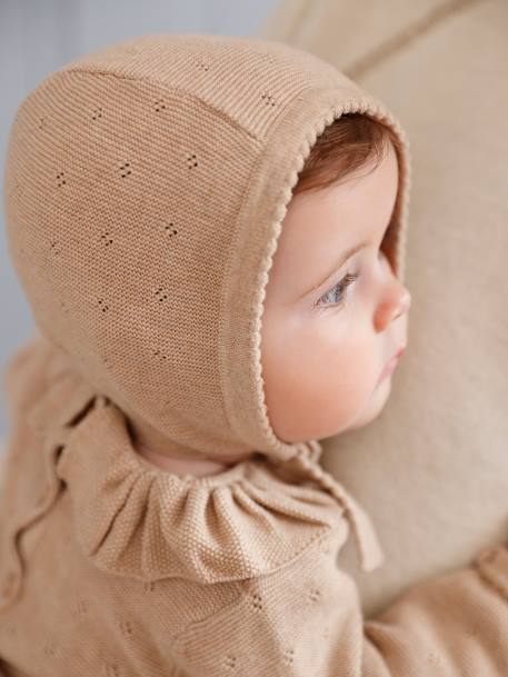 Knitted Long Sleeve Rompers & Bonnet for Babies marl beige 