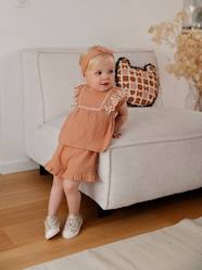 Baby-Embroidered Combo: Blouse + Shorts + Headband in Cotton Gauze, for Babies