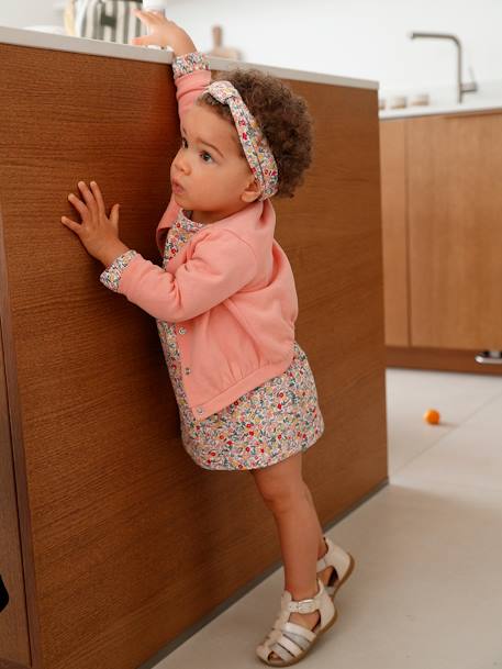 3-Piece Outfit: Dress + Cardigan + Headband for Baby Girls coral+old rose+White/Print 
