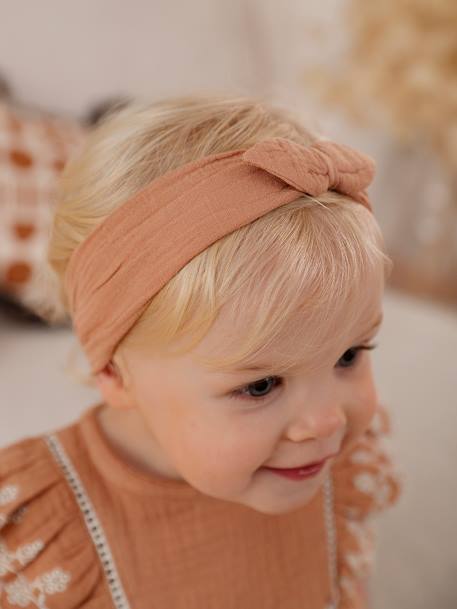 Embroidered Combo: Blouse + Shorts + Headband in Cotton Gauze, for Babies caramel 