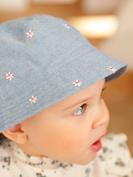 Denim Bucket Hat with Embroidered Flowers, for Baby Girls denim blue 