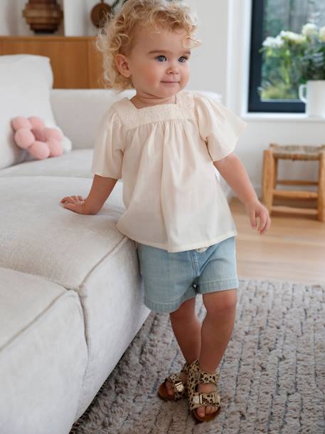 Blouse with Square Neckline, in Broderie Anglaise, for Babies ecru+sage green 