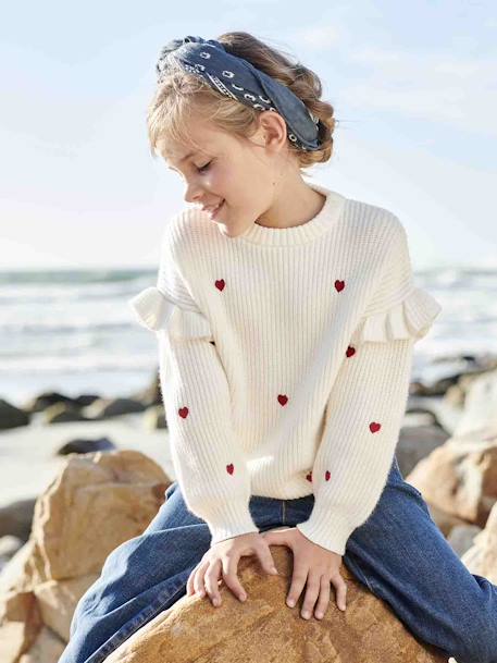 Jumper with Ruffled Sleeves for Girls ecru+striped brown+vanilla+violet 