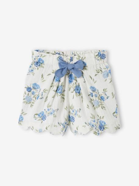Shorts in Cotton Gauze with Scalloped Trim for Girls nude pink+printed blue 