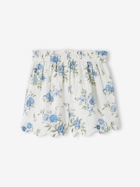 Shorts in Cotton Gauze with Scalloped Trim for Girls nude pink+printed blue 