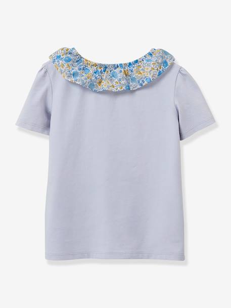 T-Shirt in Organic Cotton, Collar in Liberty Fabric for Girls, by CYRILLUS grey blue 