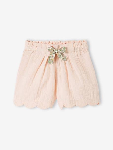 Shorts in Cotton Gauze with Scalloped Trim for Girls blue+nude pink+printed blue 