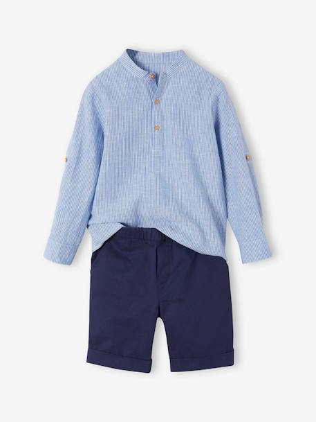 Occasion Wear Ensemble: Shirt with Mandarin Collar & Shorts for Boys striped blue 
