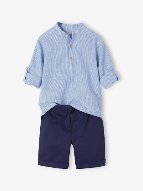 Occasion Wear Ensemble: Shirt with Mandarin Collar & Shorts for Boys striped blue 