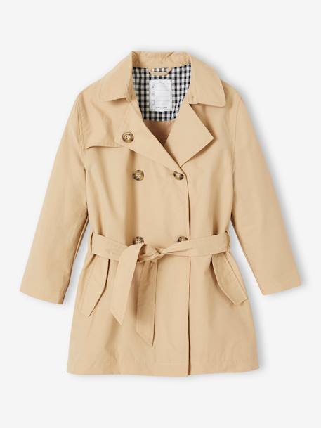 Trench Coat with Removable Hood for Girls beige+navy blue 