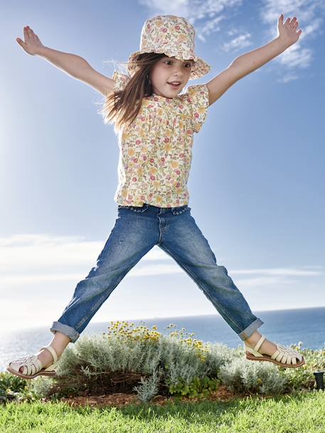 Leather Sandals with Hook-&-Loop Straps for Children ecru+gold 
