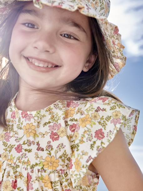 Blouse with Flower Motifs & Short Ruffled Sleeves for Girls pale pink+printed orange 