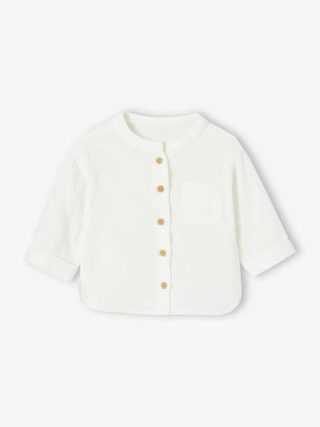 Shirt in Cotton Gauze with Mandarin Collar, for Babies caramel+ecru+GREEN DARK SOLID 