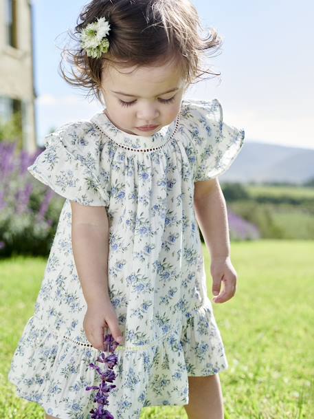 Floral Occasion Wear Dress in Cotton Gauze, for Babies ecru 