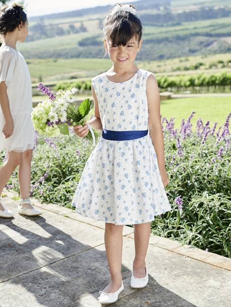 Occasion Wear Dress with Floral Print, for Girls printed blue+printed pink 
