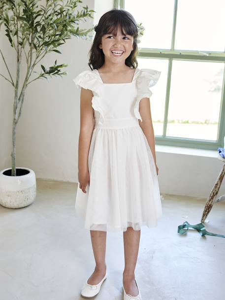 Ruffled Occasion Wear Dress in Cotton Gauze & Tulle, for Girls ecru 