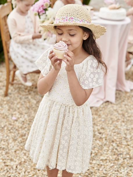 Crochet-Effect Straw-Like Hat with Printed Ribbon for Girls pale pink 