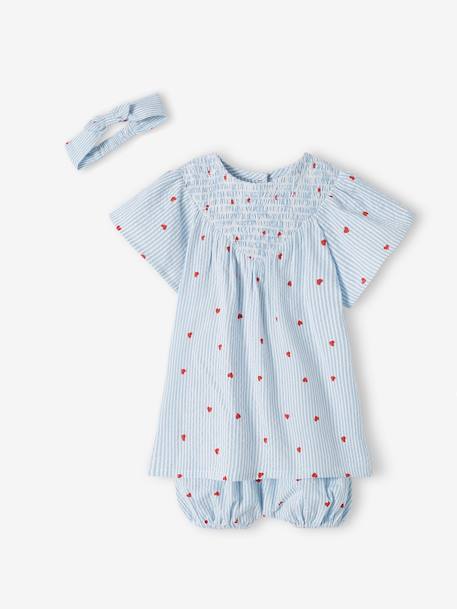 Seersucker Dress + Shorts + Headband Combo for Babies striped blue 