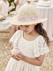 Crochet-Effect Straw-Like Hat with Printed Ribbon for Girls