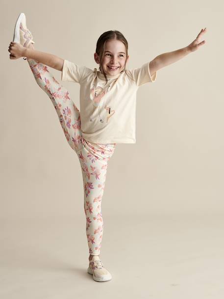 Sports Leggings in Techno Fabric, Exotic Flowers Print, for Girls multicoloured 