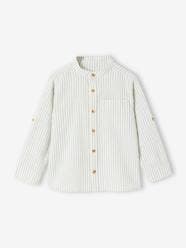 Boys-Shirts-Striped Shirt with Mandarin Collar & Roll-Up Sleeves in Cotton/Linen for Boys