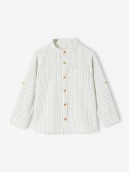 Boys-Shirts-Striped Shirt with Mandarin Collar & Roll-Up Sleeves in Cotton/Linen for Boys