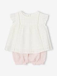 Baby-Embroidered Dress & Bloomer Shorts Combo in Cotton Gauze, for Newborn Babies