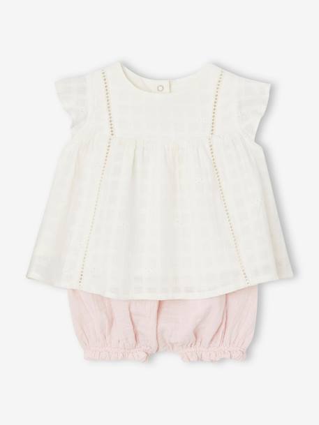 Embroidered Dress & Bloomer Shorts Combo in Cotton Gauze, for Newborn Babies rose 