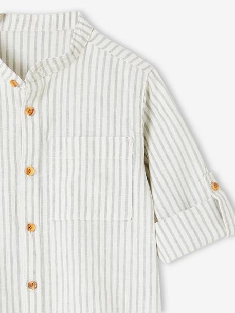 Striped Shirt with Mandarin Collar & Roll-Up Sleeves in Cotton/Linen for Boys striped green 