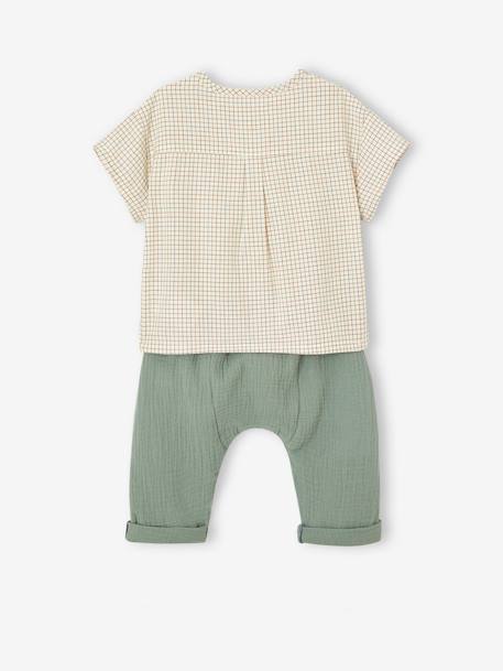 T-Shirt + Cotton Gauze Trouser Ensemble for Newborn Babies grey green 