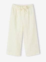 Wide-Leg Cotton Gauze Trousers with Embroidered Flowers for Girls