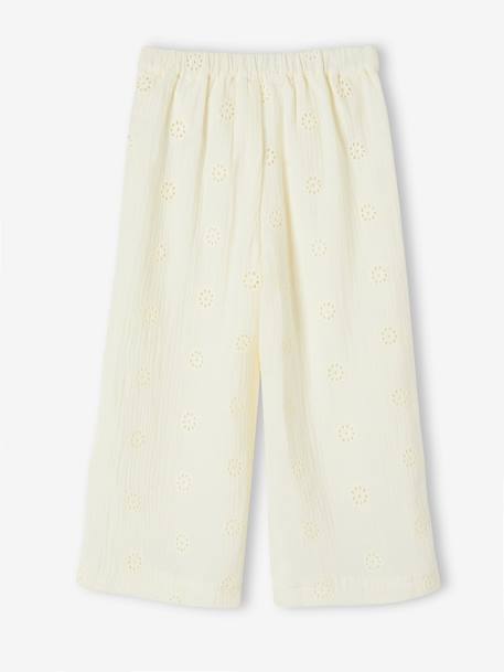 Wide-Leg Cotton Gauze Trousers with Embroidered Flowers for Girls vanilla 