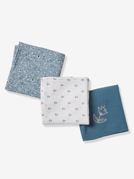 Set of 3 Muslin Squares in Cotton Gauze, INDIA set blue 