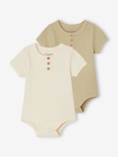 Pack of 2 Bodysuits in Honeycomb Knit, Organic Cotton, for Newborns olive 