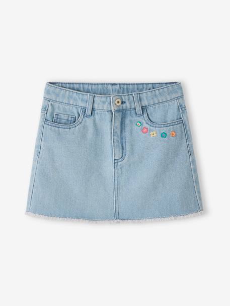 Denim Skirt with Embroidered Flowers, for Girls bleached denim 