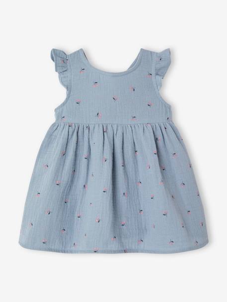 Dress & Bucket Hat Combo in Cotton Gauze for Newborns chambray blue 