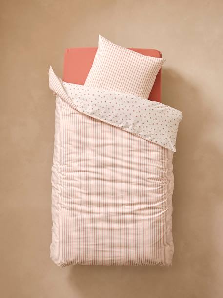 Reversible Duvet Cover + Pillowcase Essentials Set in Recycled Cotton, Flowers & Stripes printed pink 