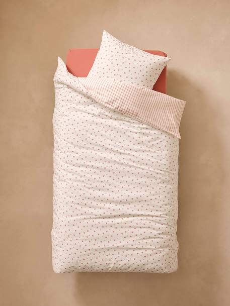 Reversible Duvet Cover + Pillowcase Essentials Set in Recycled Cotton, Flowers & Stripes printed pink 