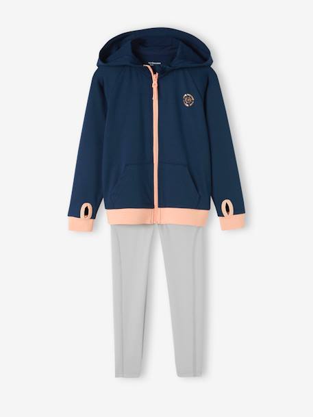 Sports Combo, Zipped Jacket & Leggings in Techno Fabric, for Girls navy blue+peach 
