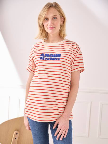Striped T-Shirt with Message, in Organic Cotton, for Maternity ecru+fir green 
