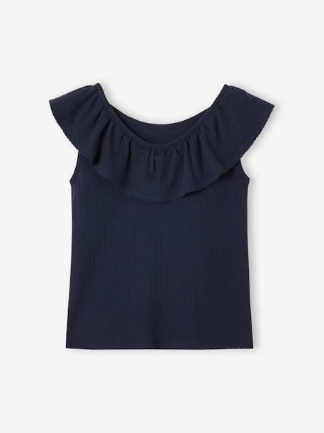 Top with Ruffle, in Pointelle Knit, for Girls ecru+navy blue+sweet pink 